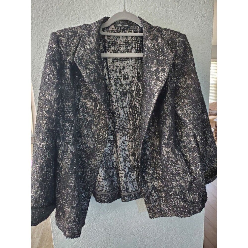 Eileen Fisher Metallic Jacquard Blazer Open Front Jacket In Size Large